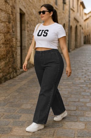 CEDY DENIM- Büyük Beden Likralı Kumaş  Cepsiz Beli Lastikli Palazzo Pantolon  C642 