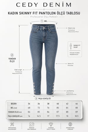 CEDY DENIM Kadın Skinny Fit Normal Bel Likralı Paça Düğme Detaylı Kar Yıkama Kot Pantolon E7023