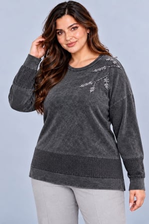 CEDY DENIM  Kadın Bisiklet Yaka Dal Yaprak İşlemeli Taş Detaylı Dokulu Triko Kazak C27061
