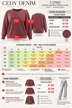 CEDY DENIM  Kadın Bisiklet Yaka Dal Yaprak İşlemeli Taş Detaylı Dokulu Triko Kazak C27061
