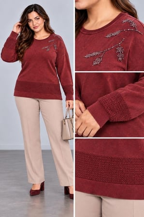 CEDY DENIM  Kadın Bisiklet Yaka Dal Yaprak İşlemeli Taş Detaylı Dokulu Triko Kazak C27061