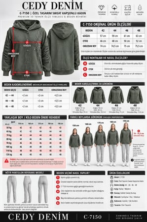 CEDY -Özel Tasarım Kadın Taş ve Nakış İşleme Detaylı Düğmeli Kapüşonlu Sweat Hırka C7150