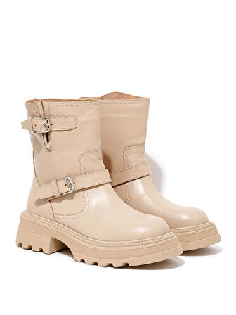 Gümüş Tokalı Deri Uzun Bot - Bej