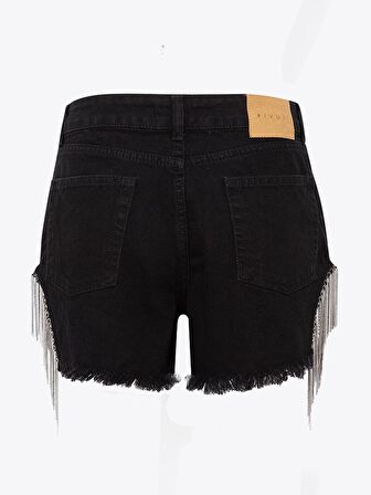 Aksesuar Detaylı Mini Jean Şort - Siyah
