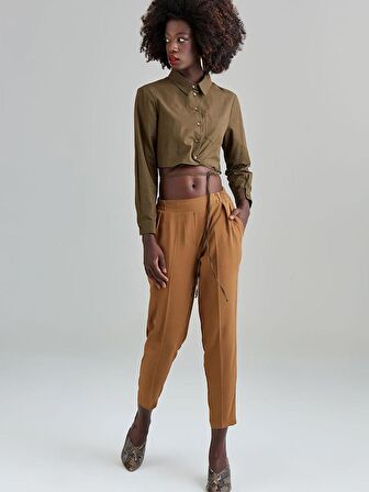 Kuşak Bağlamalı Koton Gömlek - Haki