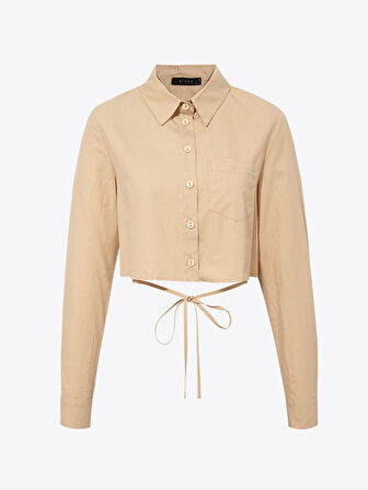 Kuşak Bağlamalı Koton Gömlek - Bej