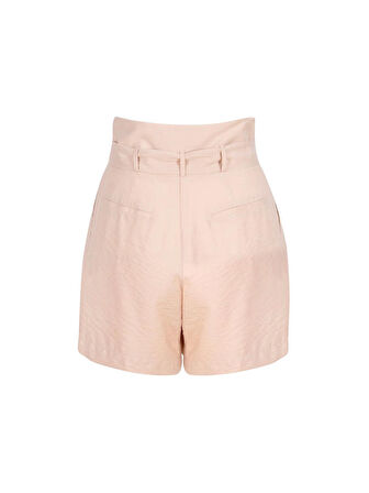 Düğmeli Kuşaklı Yüksek Bel Rahat Kesim Şort - Bej