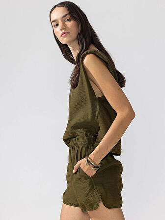 Beli Lastikli Kısa Şort - Haki