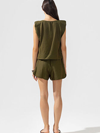 Beli Lastikli Kısa Şort - Haki