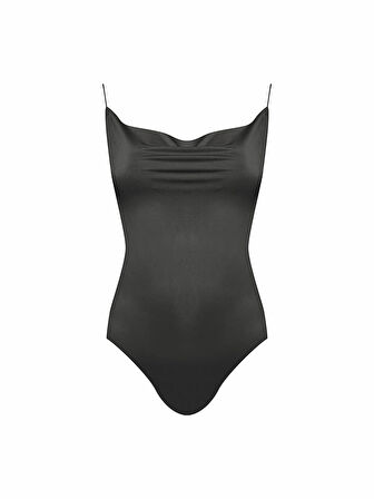 İp Askılı Degaje Yaka Bodysuit - Siyah