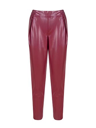 Beli Lastikli Pileli Vegan Deri Pantolon - Bordo