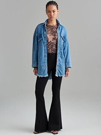 Oversize Truvakar Kol Denim Gömlek - İndigo