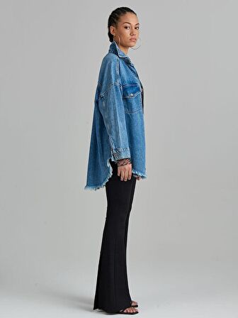 Oversize Truvakar Kol Denim Gömlek - İndigo