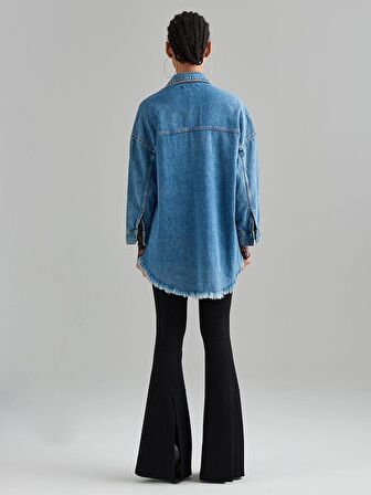 Oversize Truvakar Kol Denim Gömlek - İndigo