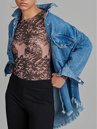 Oversize Truvakar Kol Denim Gömlek - İndigo