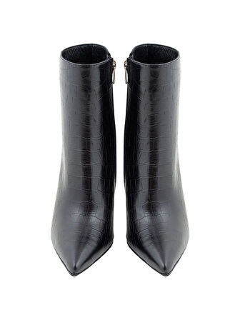 Siyah Deri Kroko Kısa Topuklu Bot