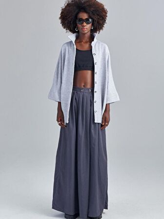 Düğme Detaylı Oversize Gömlek - Gri