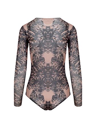 Alttan Çıtçıtlı Dövme Desenli Transparan Tül Body - Dövme Desenli