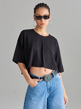 Oversize Crop T-shirt - Siyah