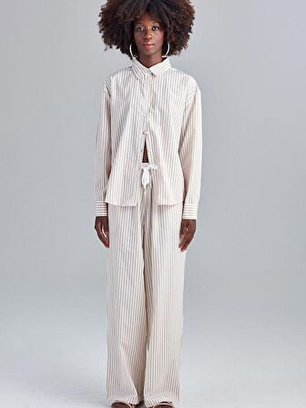 Çizgili Düşük Omuz Oversize Gömlek - Bej Çizgili