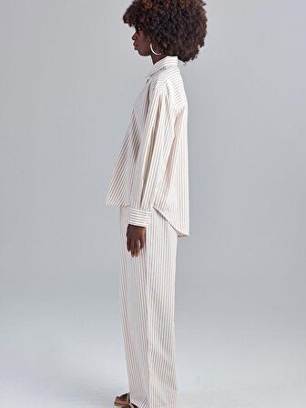 Çizgili Düşük Omuz Oversize Gömlek - Bej Çizgili