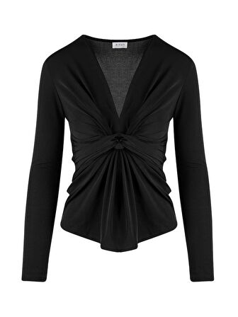 Önü Burgu Detaylı Bluz-Siyah