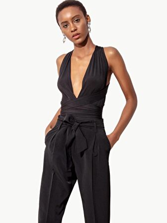 Beli Kuşaklı Krep Pantolon - Siyah