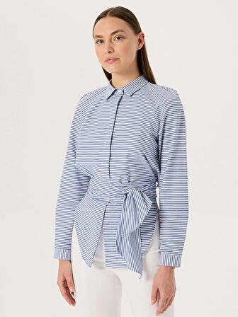 Asimetrik Kesim Düğmeli Gömlek - Mavi Çizgili