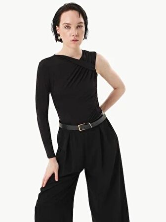 Tek Kol Yaka Detaylı Çıtçıtlı Body - Siyah