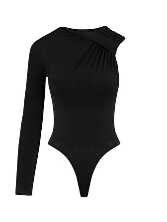 Tek Kol Yaka Detaylı Çıtçıtlı Body - Siyah
