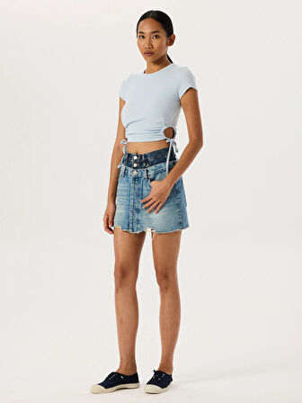 Çift Bel Detaylı Jean Etek - Indigo