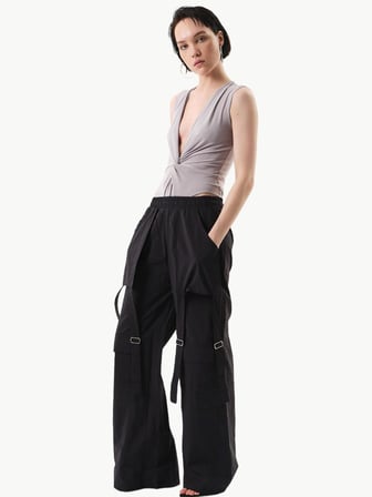 Cep Detaylı Geniş Paça Pantolon - Siyah