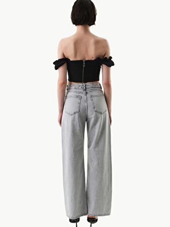 Yüksek Bel Wide Leg Jean Pantolon - Gri