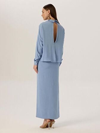 Önü Düğmeli İçi Astarlı İkonik Gömlek Elbise - Mavi