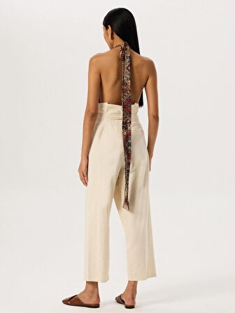 Beli Kuşaklı Yüksek Bel Anvelop Kesim Pantolon - Bej