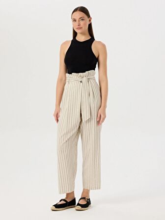 Beli Kuşaklı Yüksek Bel Anvelop Kesim Pantolon - Çizgili