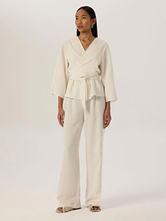 Beli Lastikli Salaş Kesim Dökümlü Pantolon - Beyaz