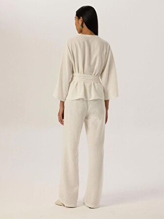 Beli Lastikli Salaş Kesim Dökümlü Pantolon - Beyaz