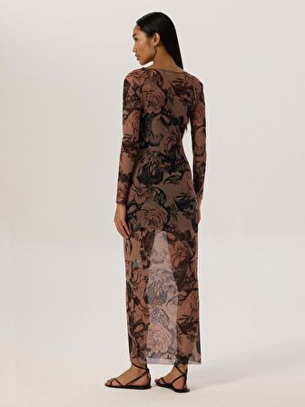 Geniş Bisiklet Yaka Uzun Kol Maxi Boy Tül Elbise - Dövme Desenli