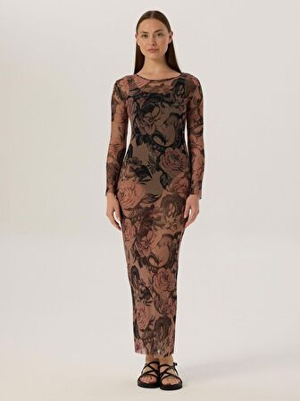 Geniş Bisiklet Yaka Uzun Kol Maxi Boy Tül Elbise - Dövme Desenli