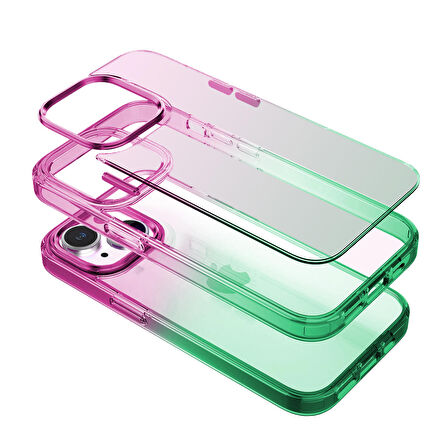Buff iPhone 14 Plus Air Bumper Rainbow Kılıf Pink Green