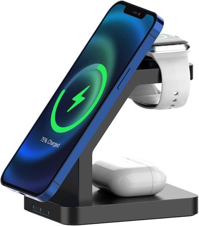 BUFF BL34 3 in 1 Magsafe Uyumlu 15W Telefon, Kulaklık, Apple Watch Uyumlu Masaüstü Stand Kablosuz Şarj Cihazı Outlet