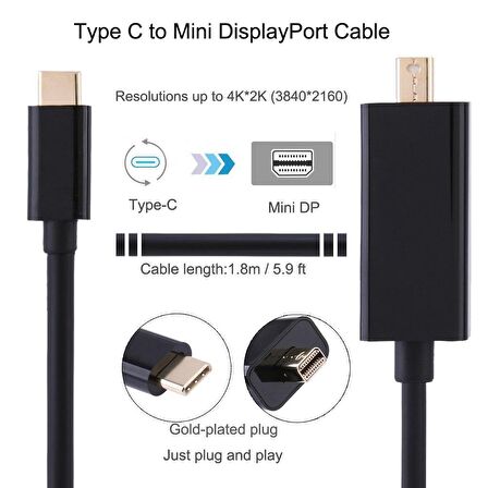 4K Type-C to Mini Displayport Thunderbolt Erkek Çevirici 1.8mt