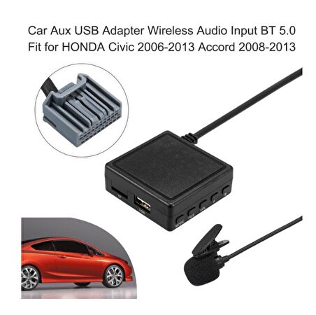 Honda Civic 06-13 Accord Crv Bt 5.0 Mikrofonlu Aux Adaptörü Sku8 Usb Tf Kart Girişi