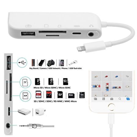 iPhone Lightning 5in1 Kamera Bellek SD TF Kart Adaptörü 