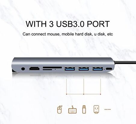 Type-C 9in1 4K Hdmi Vga Micro SD TF Kulaklık 3 Usb Şarj Girişli