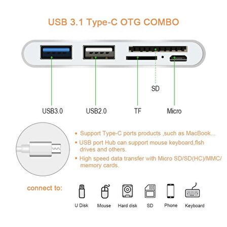 Type-C Usb C 3.1 Kart Okuyucu 2 Usb 3.0 Hub Micro Usb Şarj Girişi
