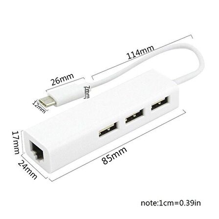 USB-C 3.1 Type-C 3 Port Usb 3.0 ve RJ45 Yüksek Hızlı Ethernet