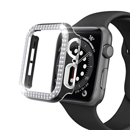 Apple Watch 7 Serisi 45mm Çift Sıra Parlak Taşlı Rubber Kasa Kapak