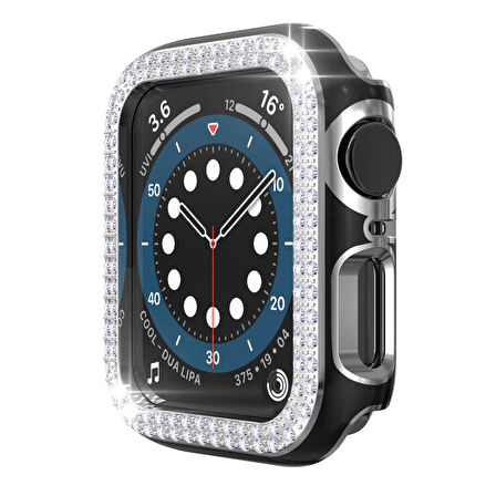 Apple Watch 7 Serisi 45mm Çift Sıra Parlak Taşlı Rubber Kasa Kapak
